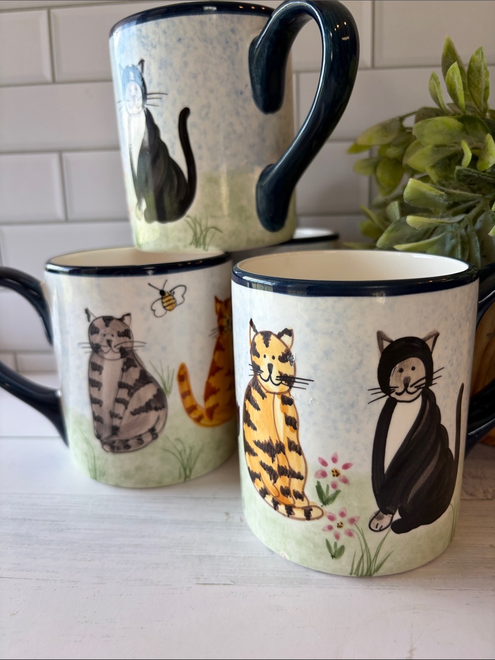 Hand-Painted Cat Ceramic Mugs with Blue Rim